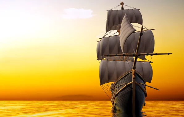 Картинка море, небо, корабль, парусник, горизонт, зарево, паруса, мачты, 3D Графика