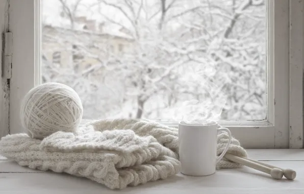 Картинка зима, снег, шерсть, шарф, окно, чашка, hot, winter, snow, cup, window, mug