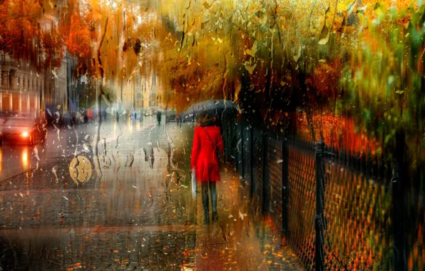 Картинка осень, девушка, город, дождь, Санкт-Петербург, Россия