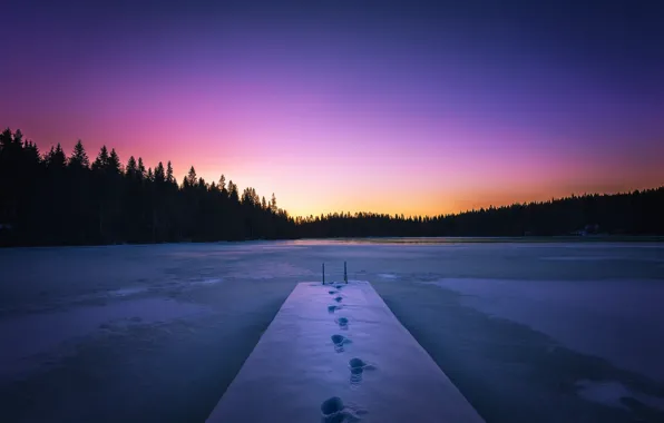 Картинка снег, закат, мост, озеро
