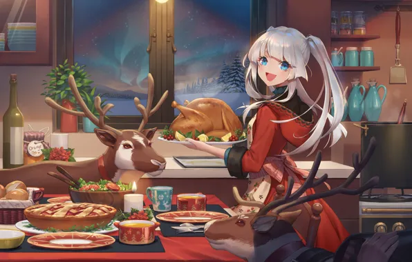 Картинка девушка, новый год, рождество, курица, олени, karesuki