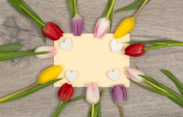 Картинка цветы, сердце, colorful, сердечки, тюльпаны, love, heart, flowers, romantic, tulips, spring