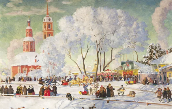 Картинка зима, деревья, масло, церковь, храм, холст, народ, Борис КУСТОДИЕВ, Масленица. 1920