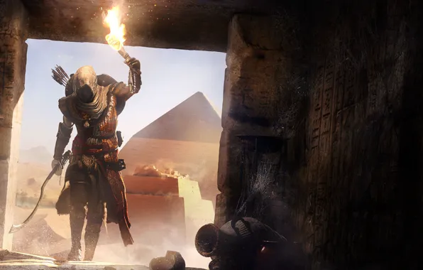 Картинка пирамида, Египет, факел, склеп, ассасин, Assassin's Creed, Assassin's Creed Origins