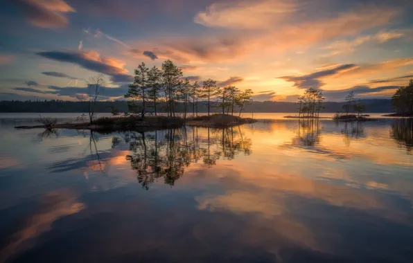 Картинка небо, вода, деревья, закат, озеро, отражение, Норвегия, островок, Norway, Рингерике, Ringerike