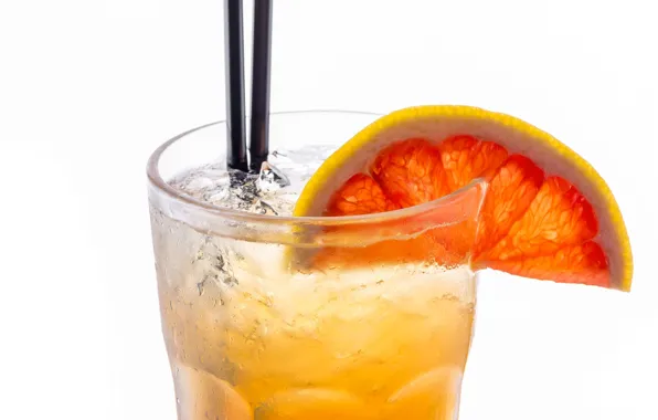 Картинка стакан, лёд, долька, коктейль, трубочка, напиток, грейпфрут, лимонад