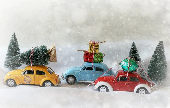 Картинка снег, игрушки, Рождество, подарки, Новый год, конфета, машинки, модельки, ёлочки