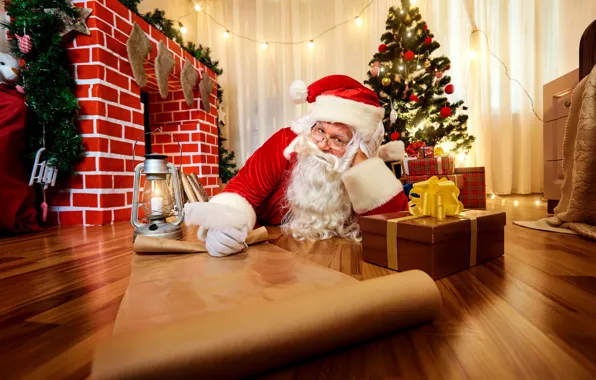 Картинка праздник, елка, Новый Год, Рождество, подарки, ёлка, камин, Санта Клаус