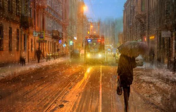 Картинка девушка, снег, зонт, Санкт-петербург