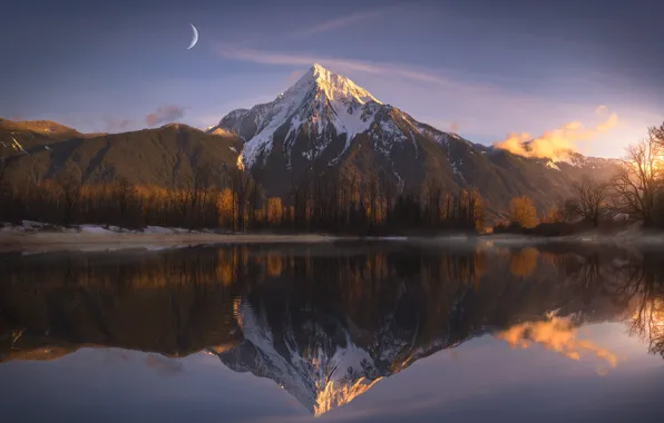 Картинка свет, горы, озеро, отражение, луна, гора, облако