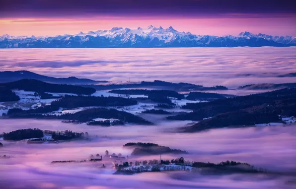 Картинка небо, горы, туман, утро, долина