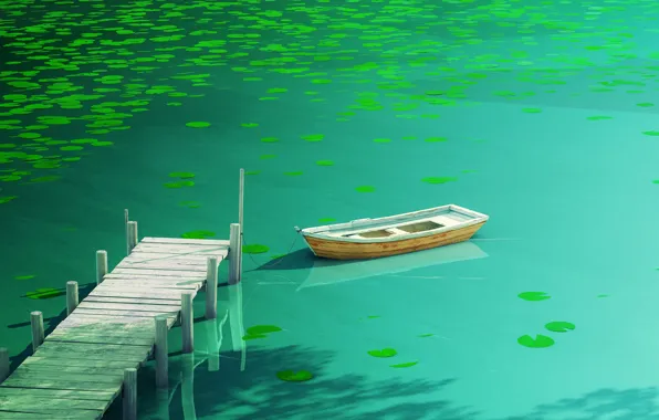 Картинка вода, свет, отражение, green, лодка, темный, доски, растение, светлый, причал, кувшинка, dark, light, water, кувшинки