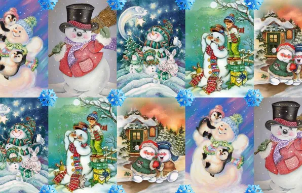 Картинка зима, настроение, праздник, арт, Новый год, снеговик, снежинка, детская