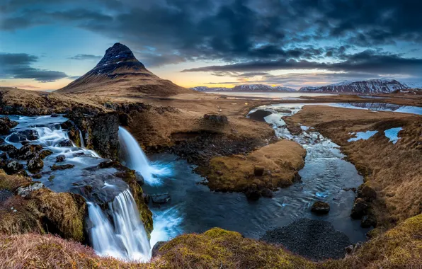 Картинка река, гора, водопад, Исландия, Kirkjufell, полуостров, Киркьюфетль, Snaefellsfnes