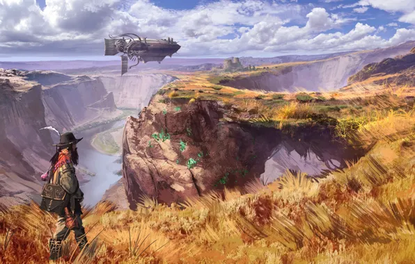 Картинка grass, fantasy, airship, river, sky, field, clouds, man, artist, digital art, artwork, fantasy art, fall, …