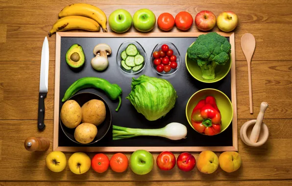Картинка яблоки, грибы, лук, ложка, нож, бананы, перец, фрукты, натюрморт, овощи, персики, помидоры, вид сверху, огурцы, …