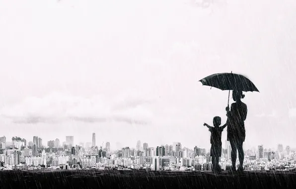 Картинка город, зонтик, дождь, настроение, мальчик, чёрно-белая, панорама, Тайвань, монохром, ребёнок, мать, Тайчжун