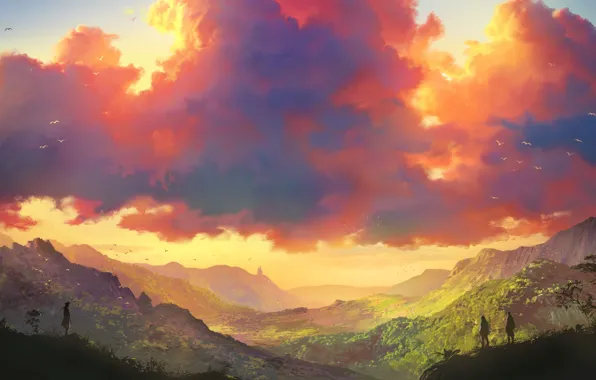 Картинка небо, птицы, люди, холмы, долина, простор, art, путники, розовые облака, Tohad
