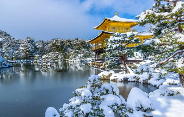 Картинка зима, снег, деревья, пруд, парк, Япония, храм, Japan, Kyoto, Киото, Golden Pavilion, Золотой павильон, Kinkaku-ji, …