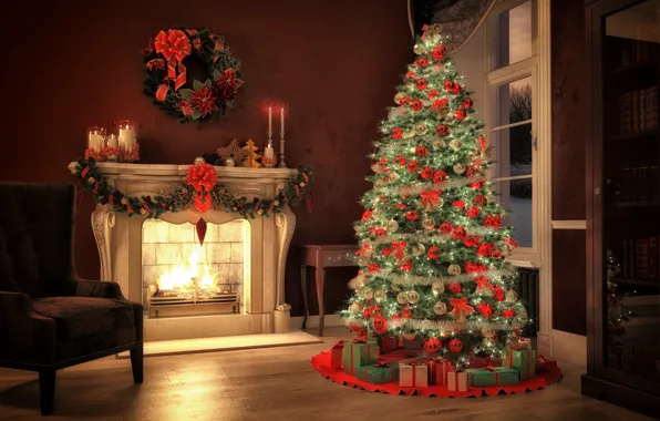 Картинка украшения, игрушки, елка, Новый Год, Рождество, подарки, камин, Christmas, design, Merry Christmas, Xmas, interior, home, …