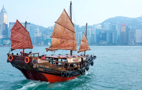 Картинка здания, Гонконг, гавань, Hong Kong, джонка, Бухта Виктория, Коулун, Kowloon, Victoria Harbor