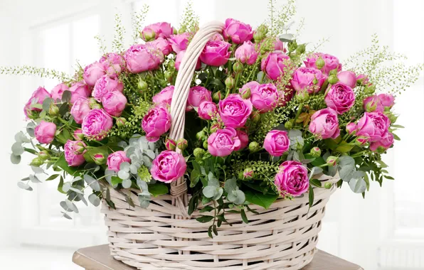 Картинка листья, корзина, розы, colorful, нежные, розовые, бутоны, beautiful, Roses, lovely, basket, wicker