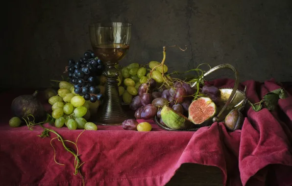 Картинка стекло, бокал, виноград, фрукты, натюрморт