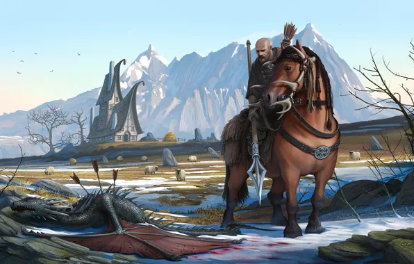 Картинка горы, конь, дракон, лошадь, воин, фэнтези, арт, сюжет, illustrator, romain flamand, berger defender