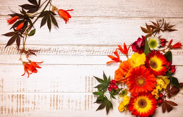 Картинка осень, листья, цветы, wood, flowers, autumn, leaves, композиция, frame, floral