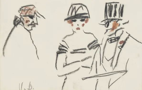 Картинка бумага, пастель, уголь, цилиндр шляпа, Kees van Dongen, Три персонажа
