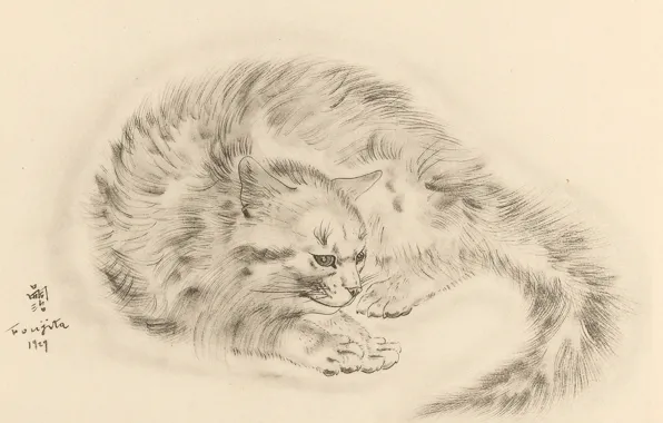 Картинка кошка, хвост, грустная, 1930, Tsuguharu Foujita, Книга Кошек