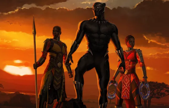 Картинка закат, девушки, Африка, girls, Marvel, movie, 2018, Africa, EXCLUSIVE, Black Panther, T`Challa, MCU, Wakanda, Черная …