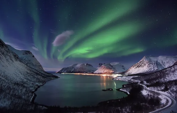Картинка море, горы, ночь, северное сияние, Норвегия, фьорд