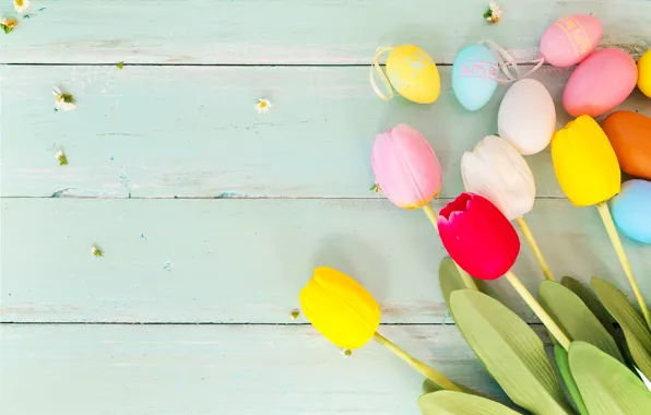 Картинка цветы, яйца, весна, colorful, Пасха, тюльпаны, wood, pink, flowers, tulips, spring, Easter, eggs, decoration, Happy, …