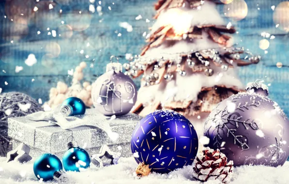 Картинка зима, снег, украшения, шары, елка, Новый Год, Рождество, Christmas, winter, snow, Merry Christmas, Xmas, decoration