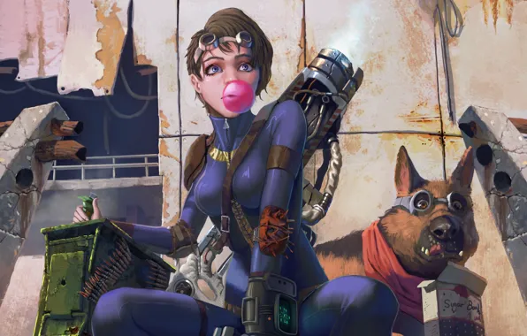 Картинка девушка, оружие, собака, арт, патроны, постапокалипсис, fallout 4