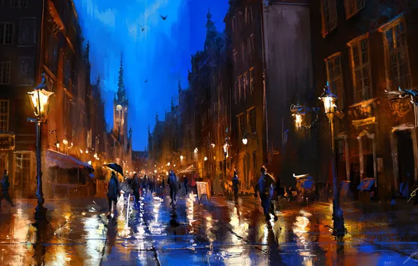 Картинка city, rain, umbrella, evening, street, people, painting, buildings, artwork, Poland, Gdansk, painting art, bell tower, …