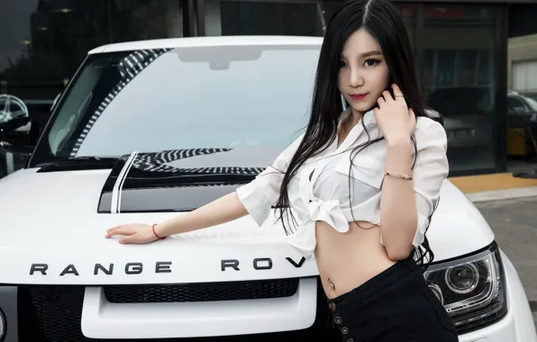Картинка взгляд, Девушки, Land Rover, азиатка, красивая девушка, позирует, белый авто