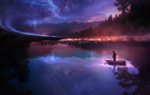 Картинка лес, небо, звезды, ночь, озеро, фантазия, лодка, человек, зеркало, арт