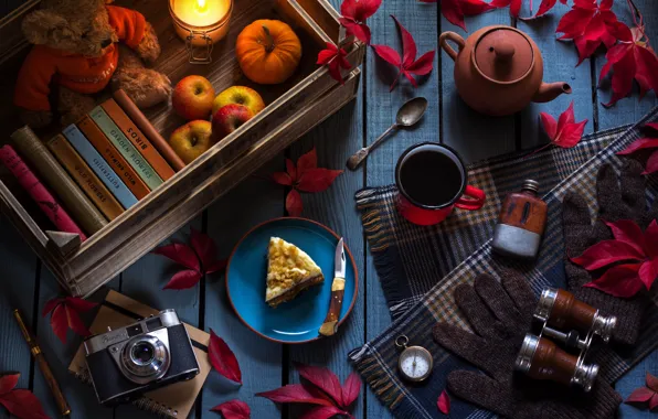 Картинка листья, чай, яблоки, книги, свеча, чайник, фотоаппарат, кружка, бинокль, перчатки, пирожное, натюрморт, компас, плюшевый мишка