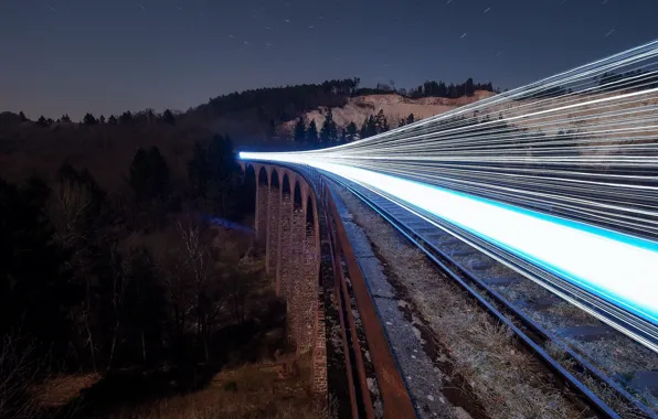 Картинка ночь, огни, поезд, железная дорога, Ghost Train