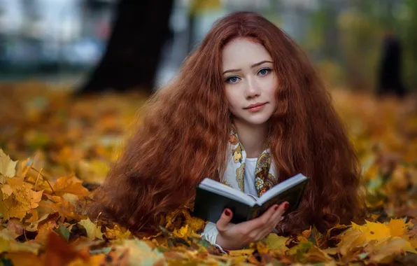 Картинка осень, взгляд, листья, настроение, листва, книга, рыжая, рыжеволосая, длинные волосы, Arina, Hakan Erenler