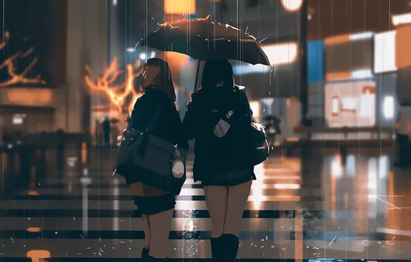 Картинка дождь, улица, вечер, Япония, фонари, сумка, школьницы, мокрый асфальт, брелок, подруги, пешеходный переход, со спины, …