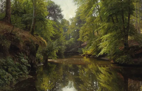 Картинка природа, картина, Петер Мёрк Мёнстед, Peder Mørk Mønsted, Лесной Пейзаж с Рекой