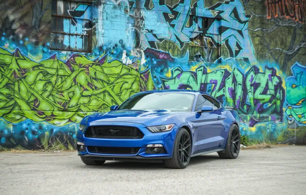 Картинка синий, фон, граффити, Ford Mustang, передок