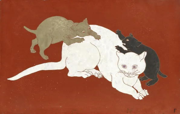 Картинка orange, 1930, Tsuguharu Foujita, Кошка и котята