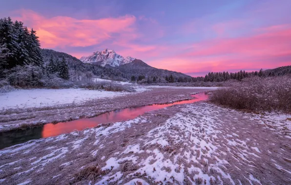 Картинка зима, горы, рассвет, утро, речка, Словения, Slovenia, Юлийские Альпы, Julian Alps, Zelenci Springs