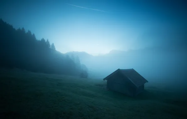 Картинка горы, туман, утро, Альпы, сарай, дымка, домик