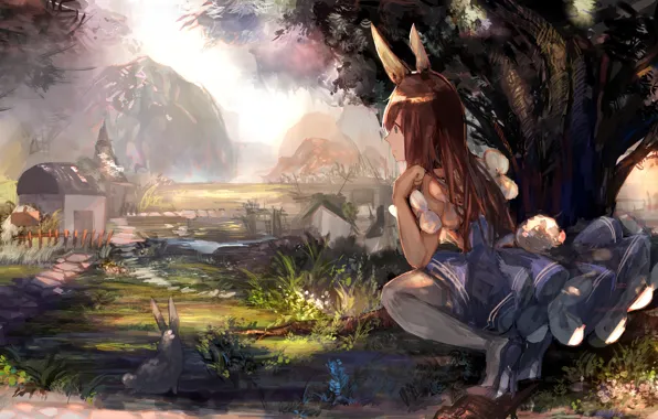 Картинка девушка, природа, аниме, кролик, ушки, tagme (artist)