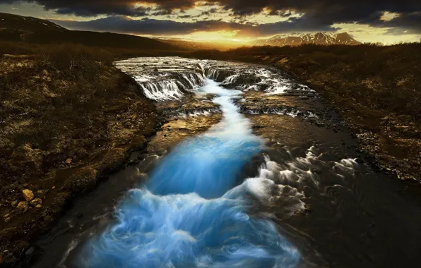Картинка закат, река, водопад, каскад, Исландия, Iceland, Bruarfoss, Arnessysla, Bruara River